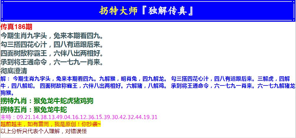 2024186期拐特大师澳门传真