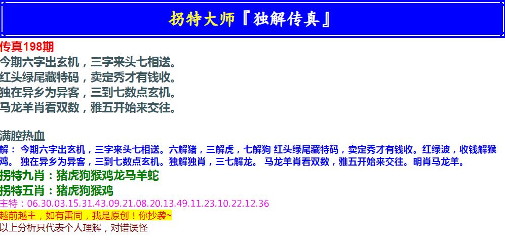 2024198期拐特大师澳门传真