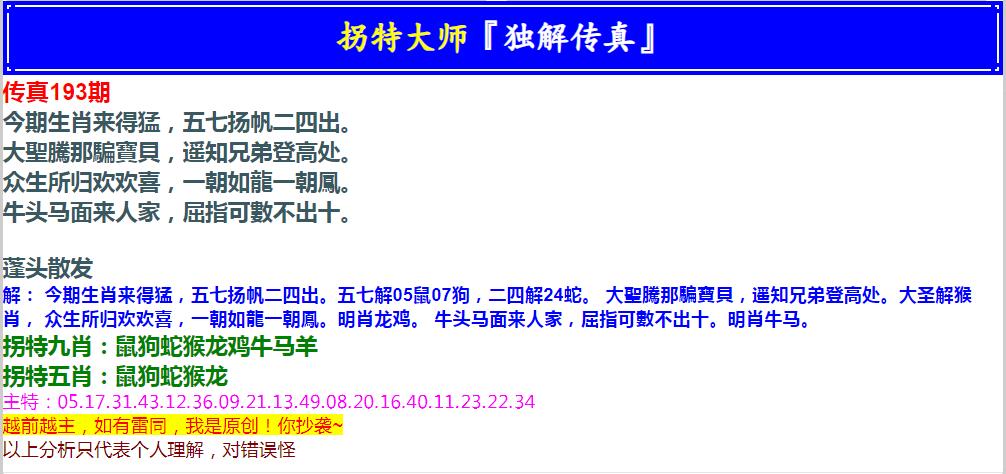 2024193期拐特大师澳门传真
