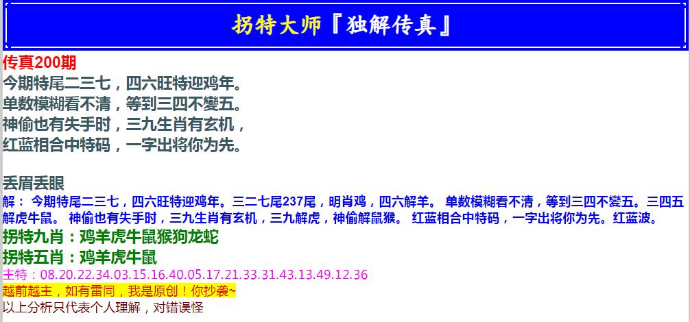 2024200期拐特大师澳门传真