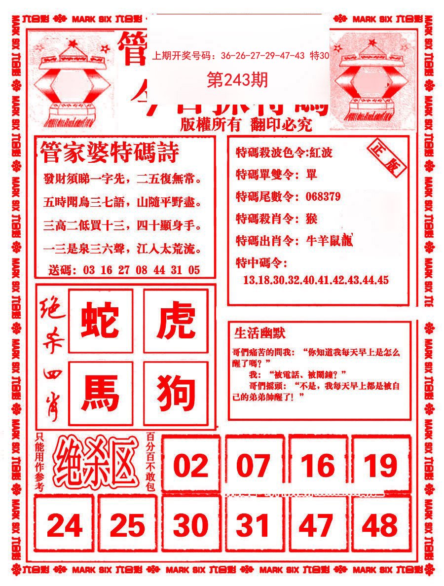 2024243期管家婆抓特码B