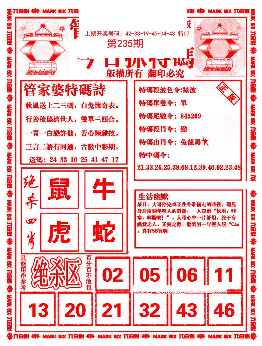 2024235期管家婆抓特码B
