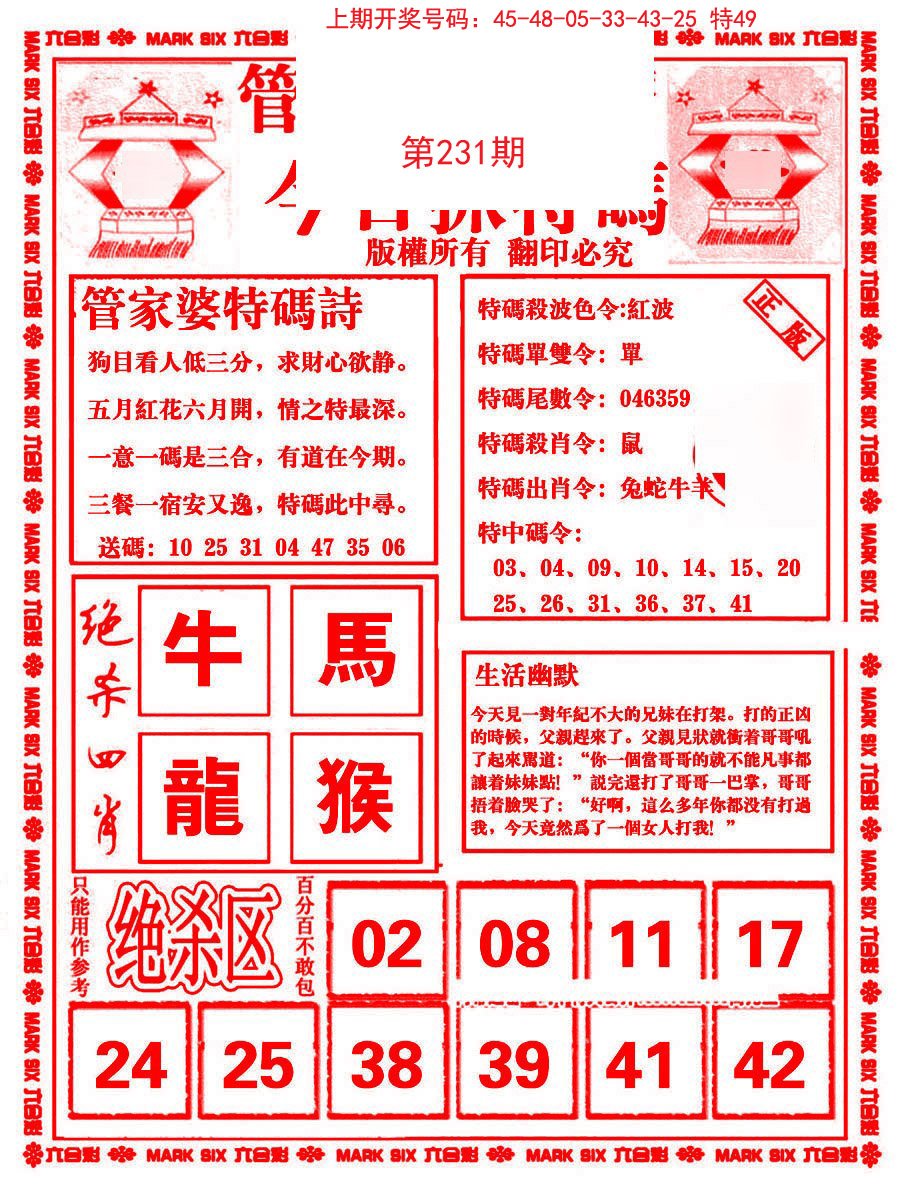2024231期管家婆抓特码B
