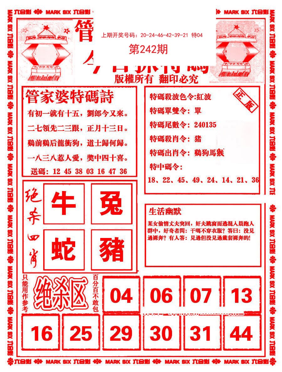 2024242期管家婆抓特码B
