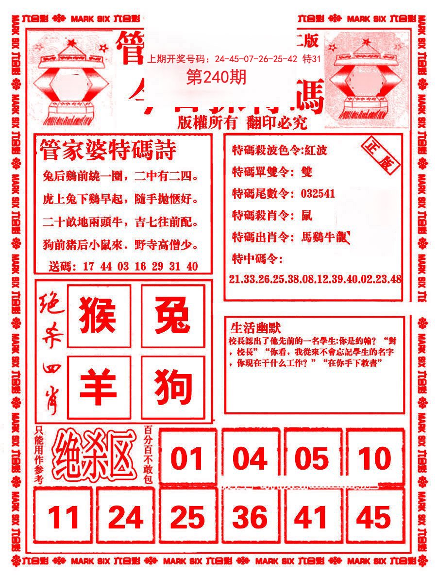 2024240期管家婆抓特码B