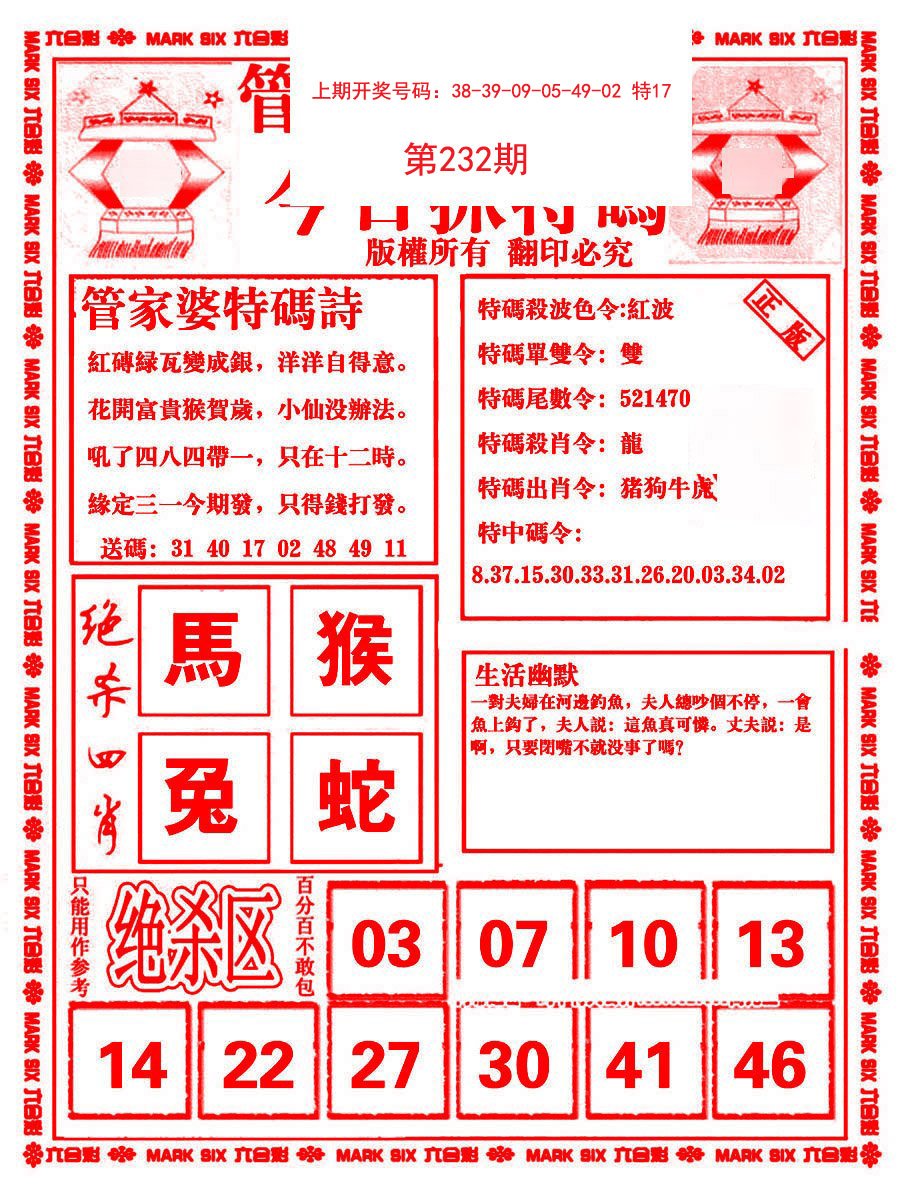 2024232期管家婆抓特码B