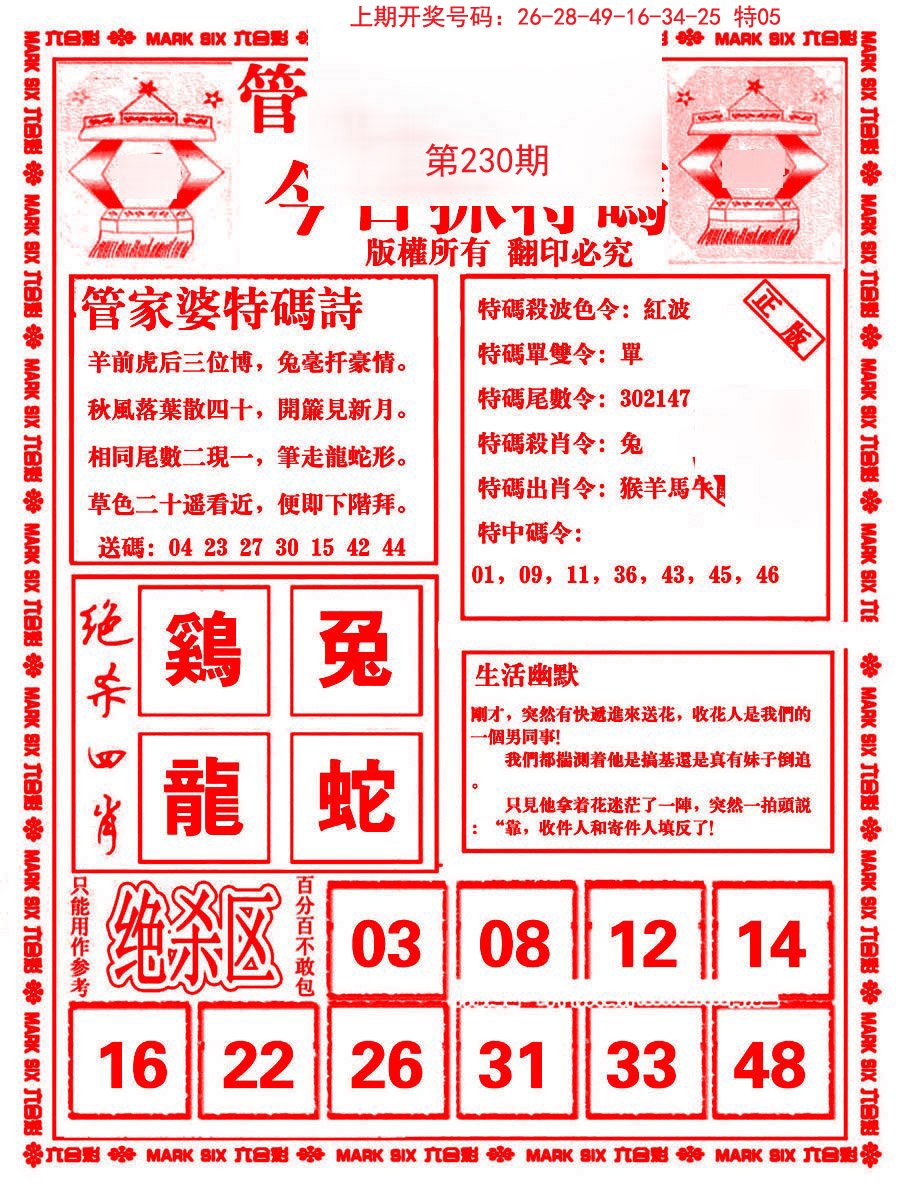 2024230期管家婆抓特码B