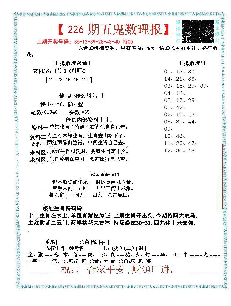 2024226期五鬼数理报