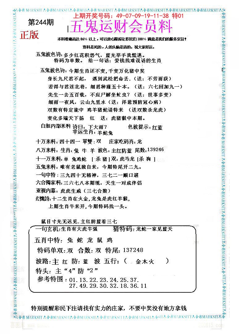 2024244期五鬼运财会员料