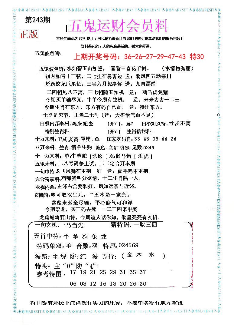 2024243期五鬼运财会员料