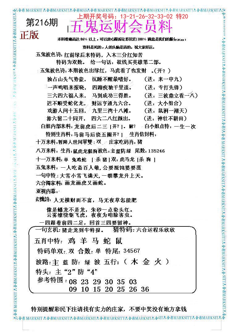 2024216期五鬼运财会员料