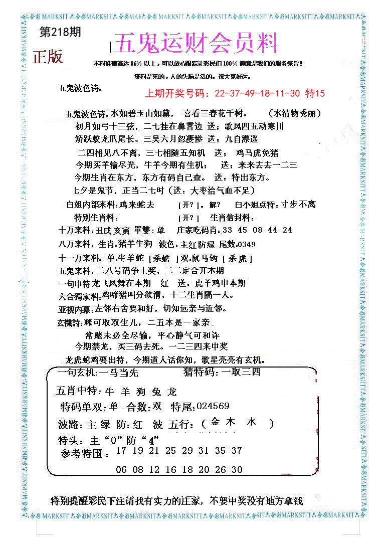 2024218期五鬼运财会员料