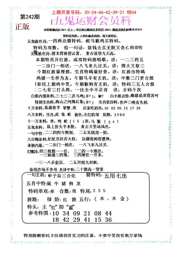 2024242期五鬼运财会员料
