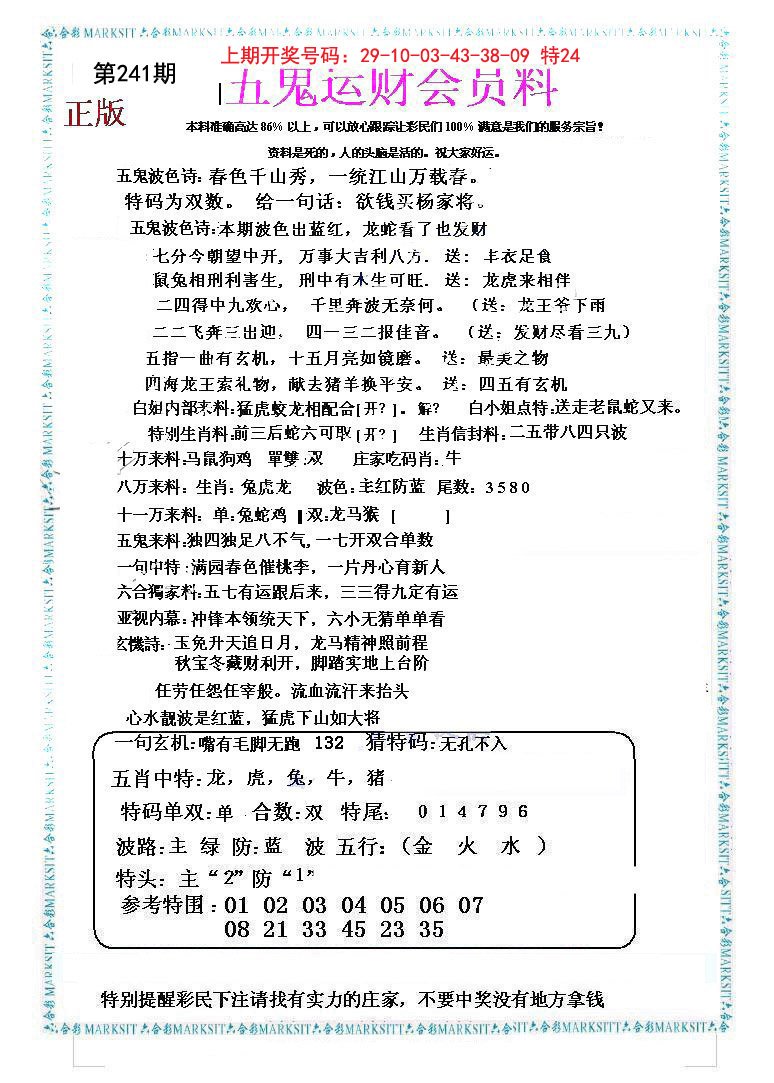 2024241期五鬼运财会员料
