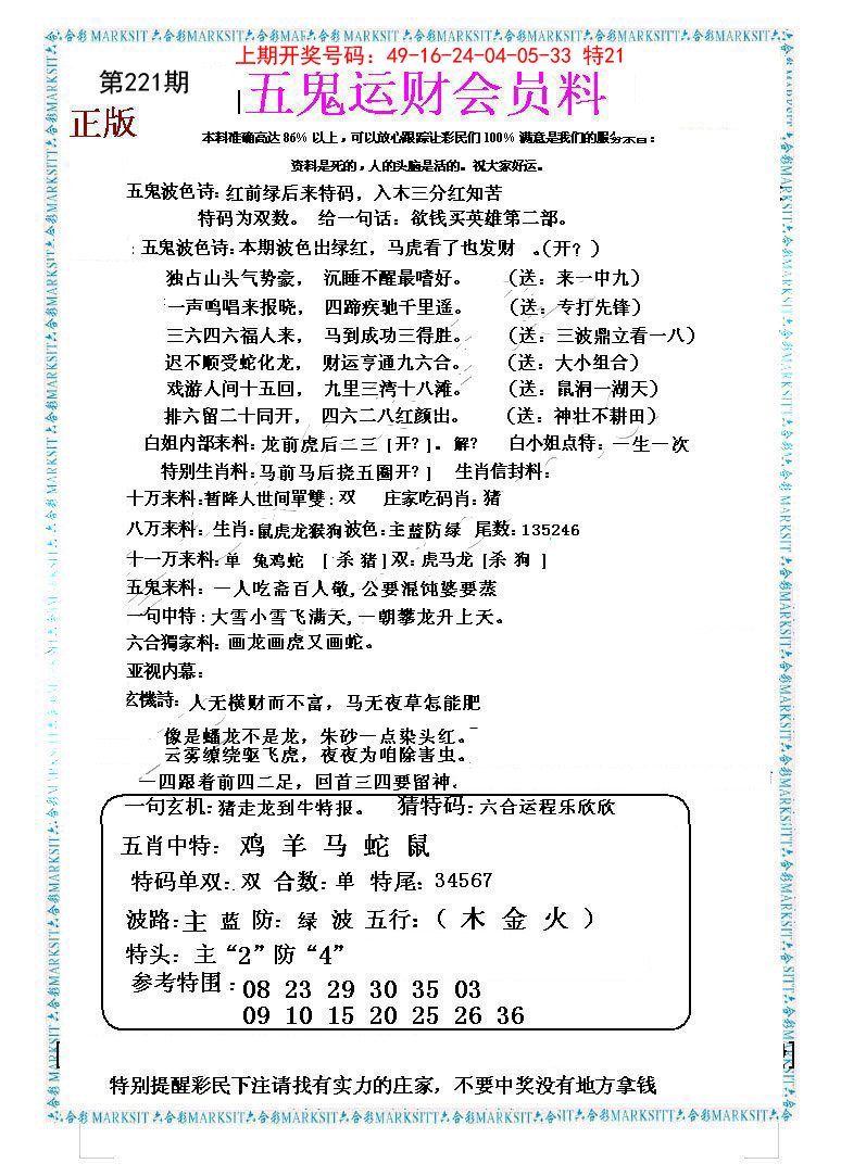 2024221期五鬼运财会员料