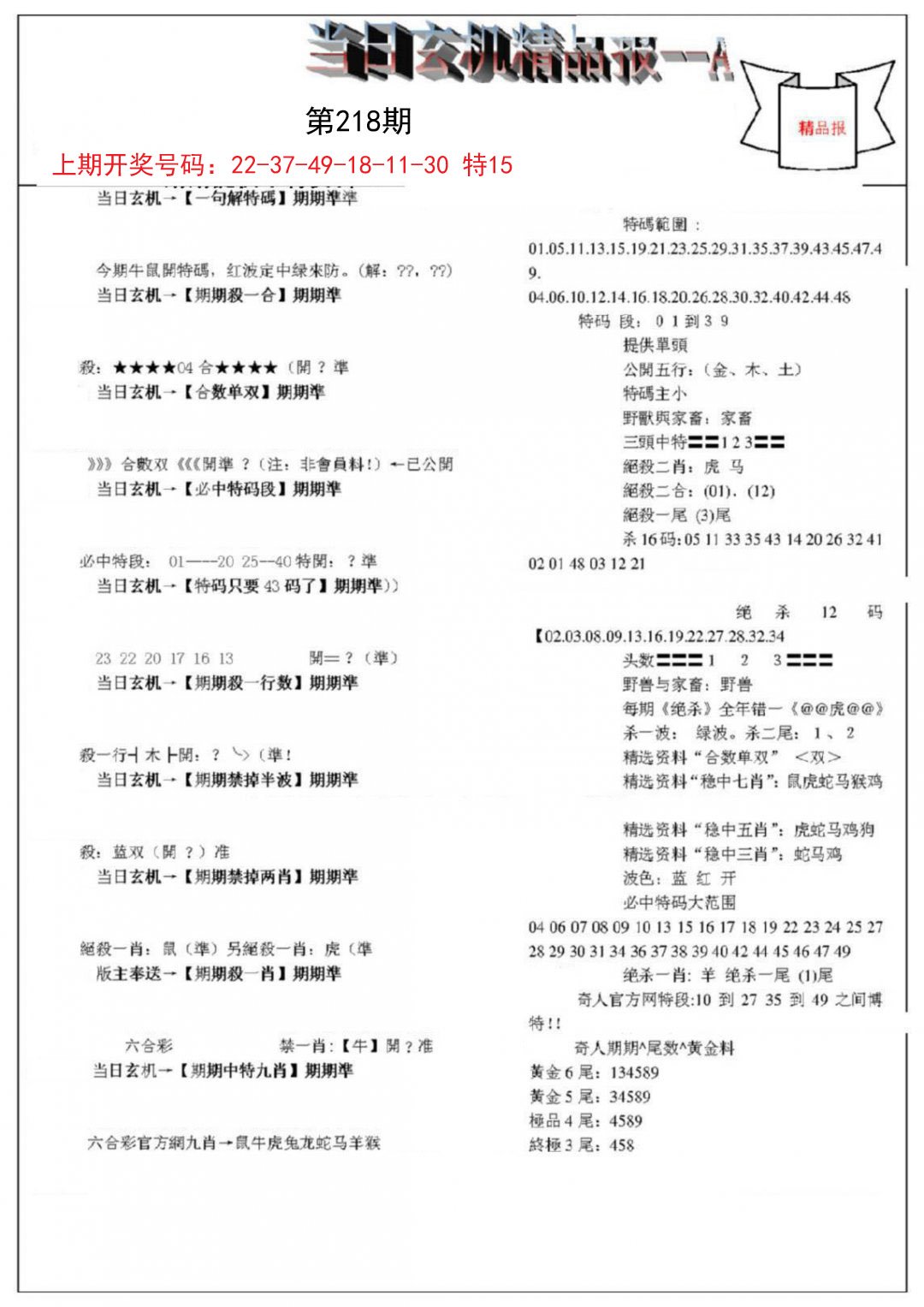 2024218期当日玄机精品报A