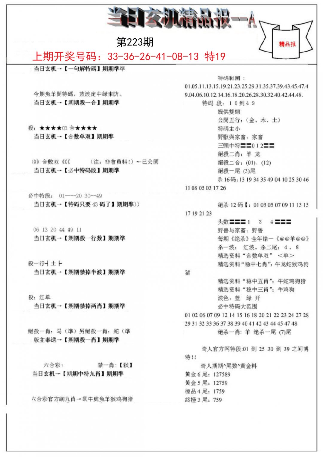 2024223期当日玄机精品报A