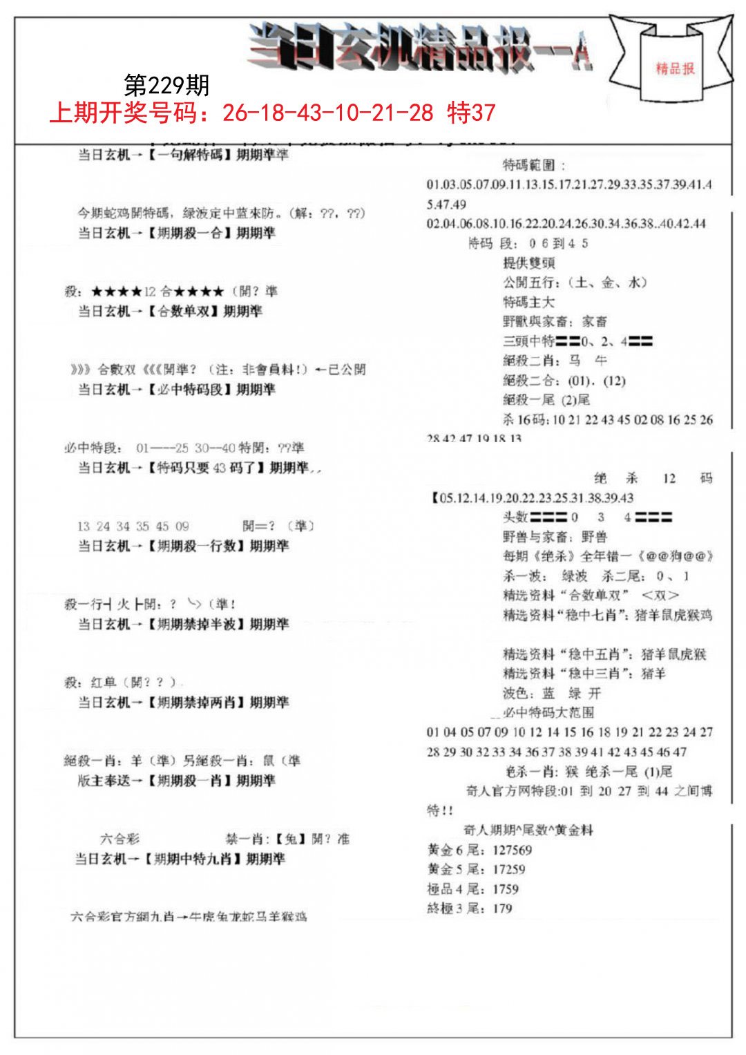 2024229期当日玄机精品报A