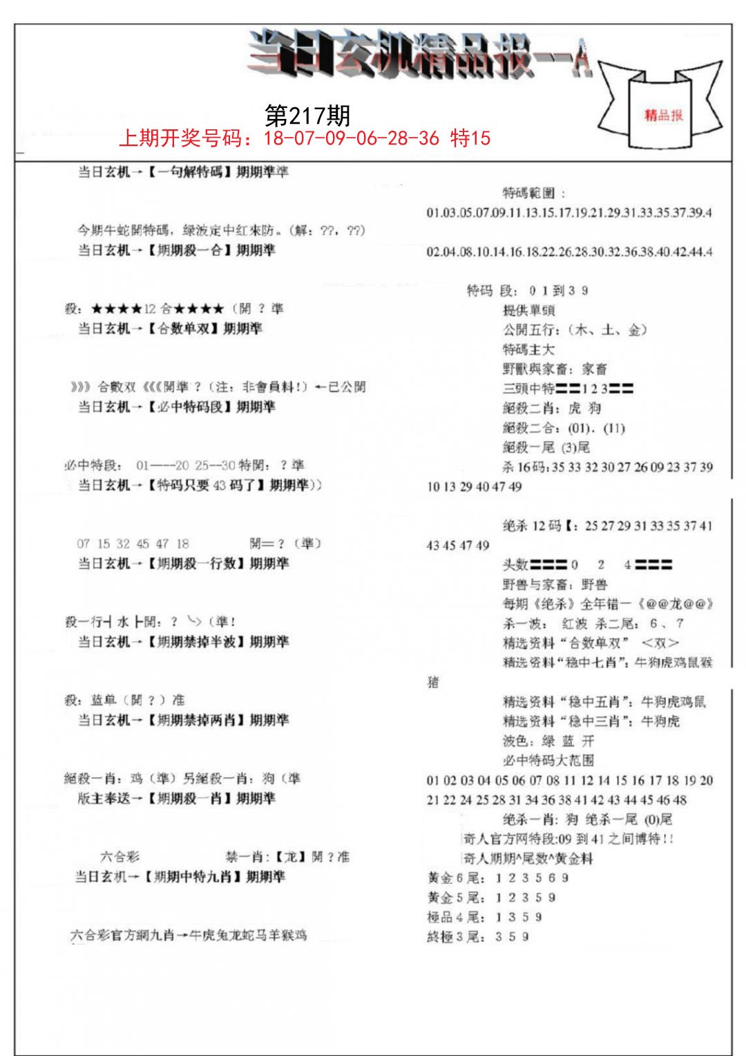 2024217期当日玄机精品报A