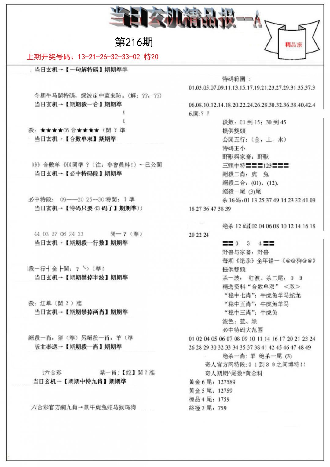 2024216期当日玄机精品报A