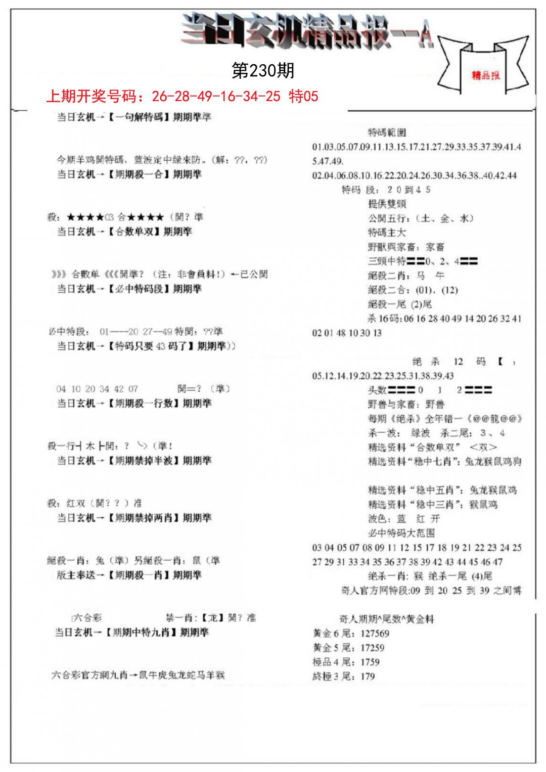 2024230期当日玄机精品报A