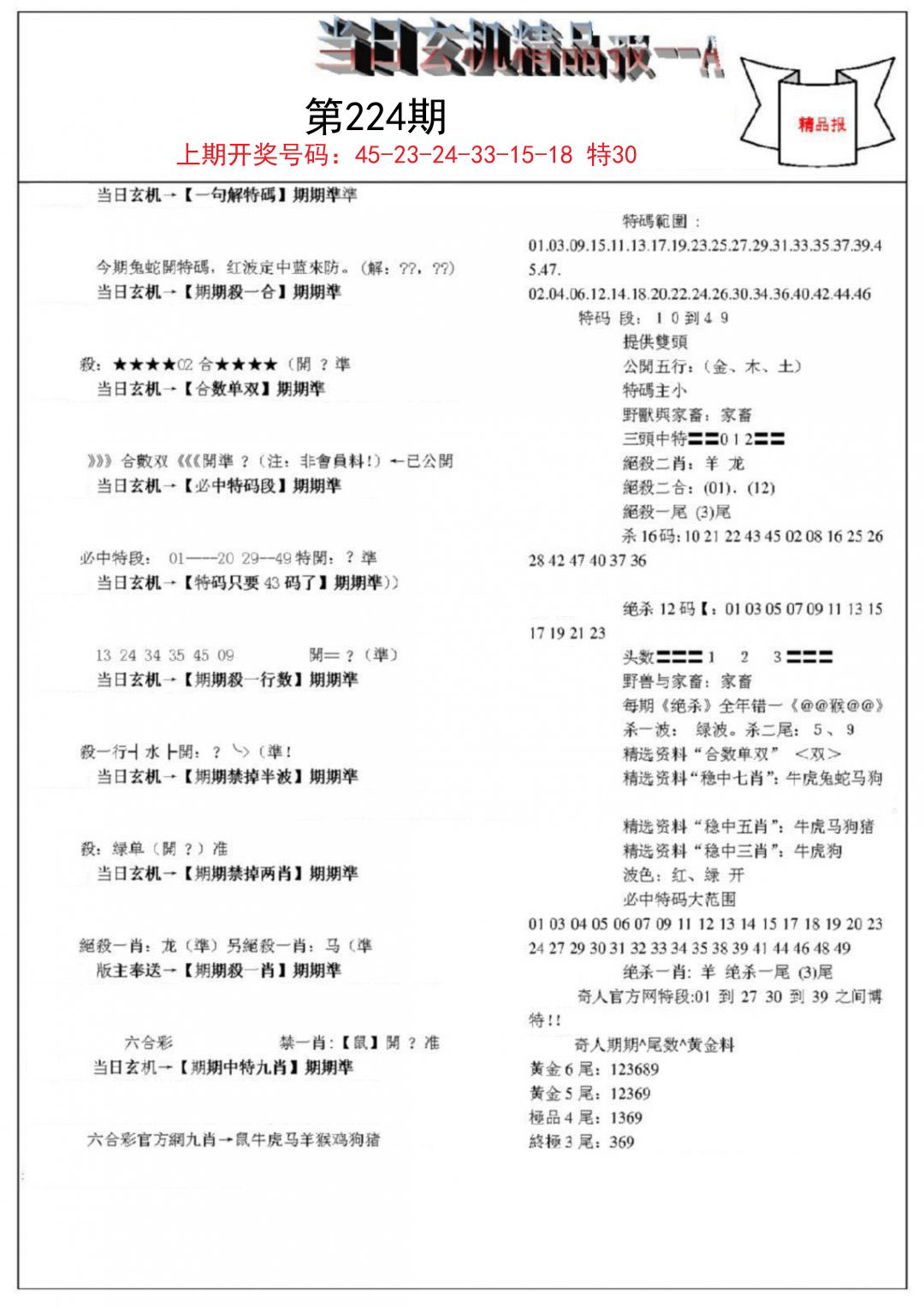2024224期当日玄机精品报A