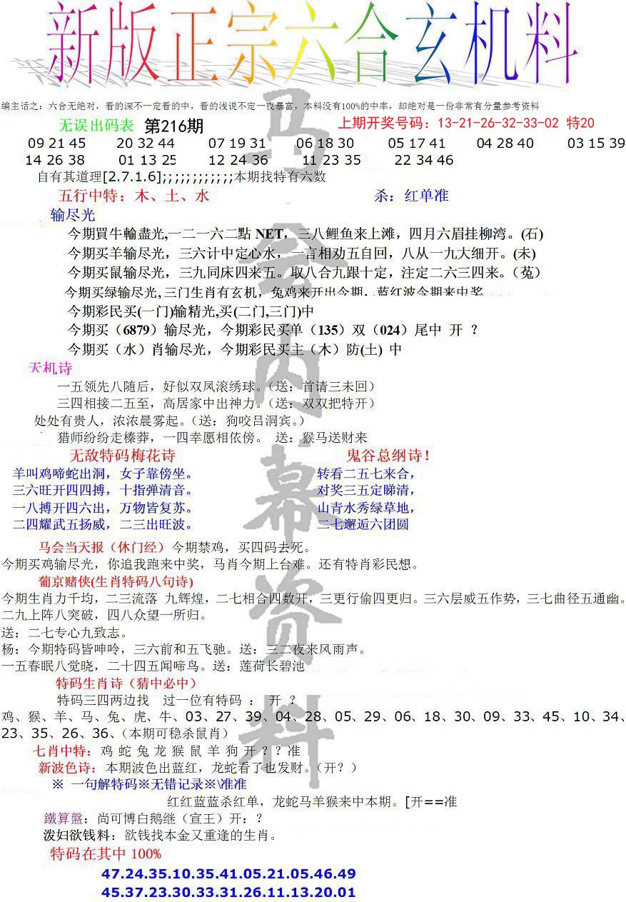 2024216期正宗六合玄机料