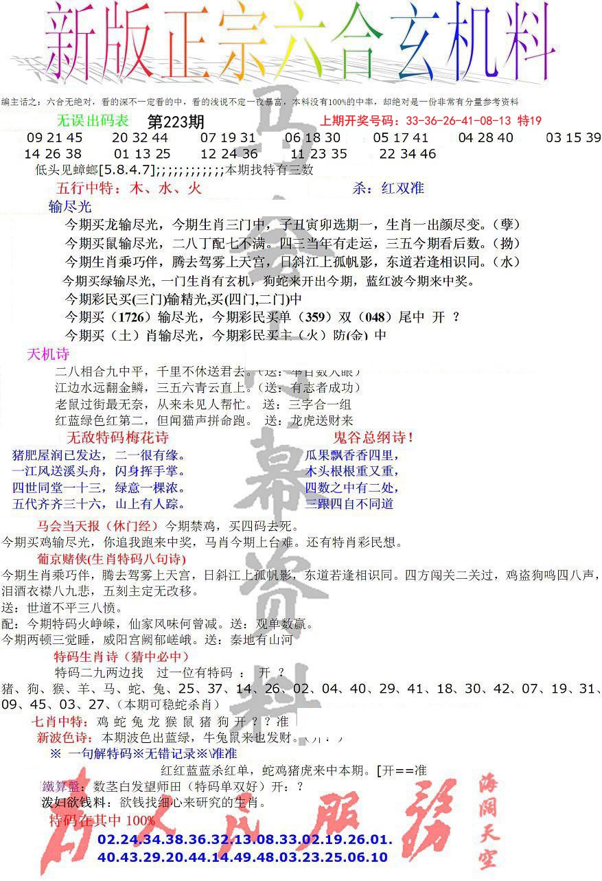 2024223期正宗六合玄机料