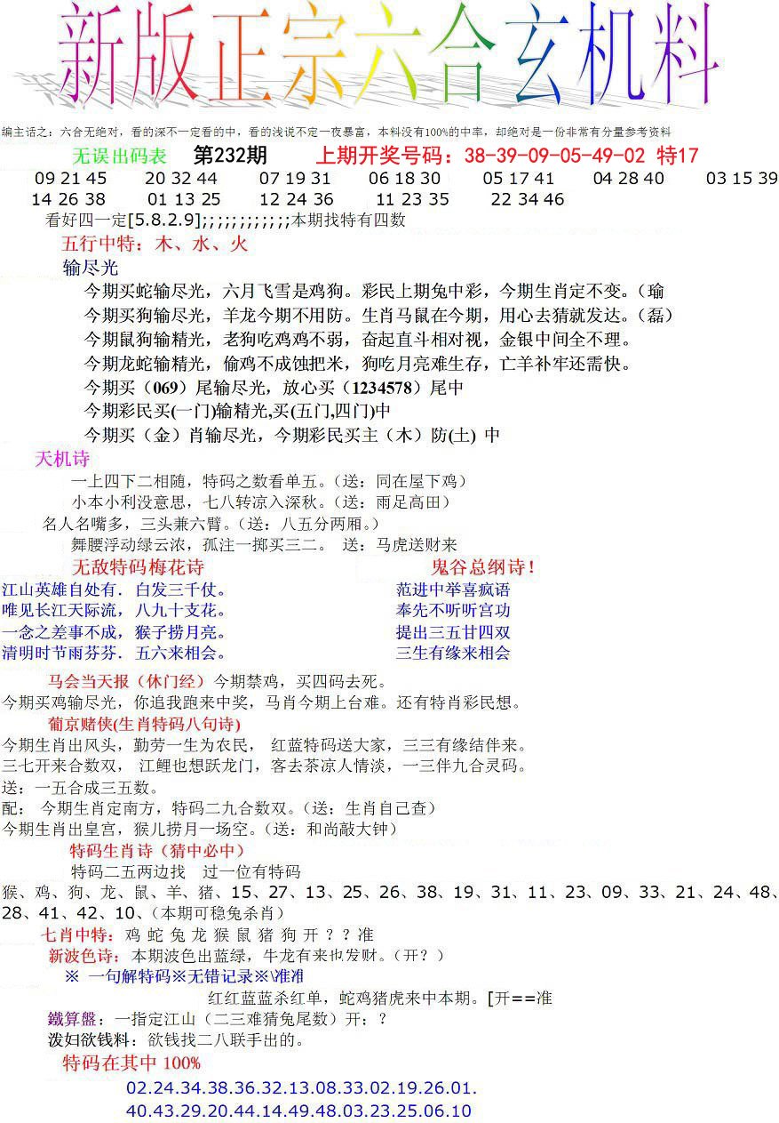 2024232期正宗六合玄机料