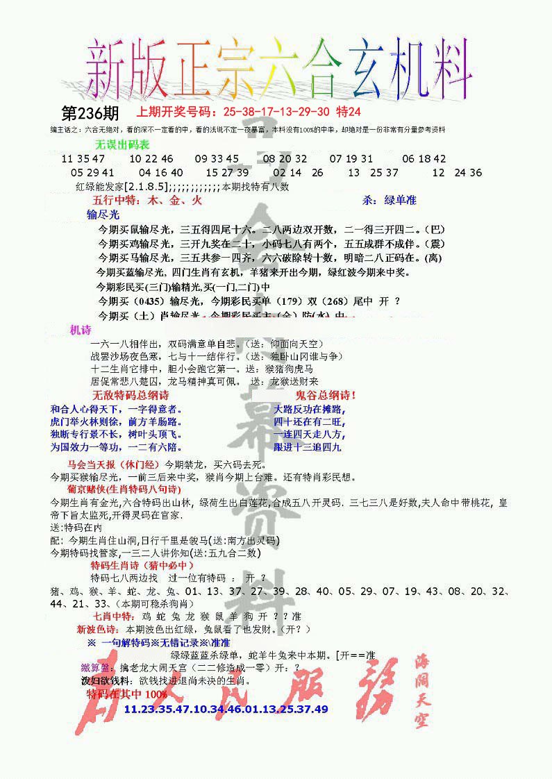 2024236期正宗六合玄机料