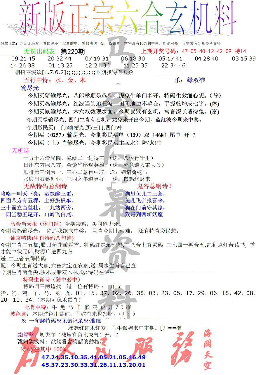 2024220期正宗六合玄机料