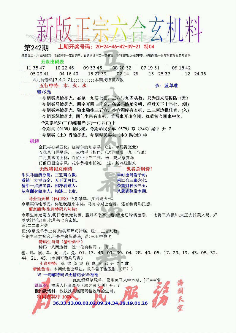 2024242期正宗六合玄机料
