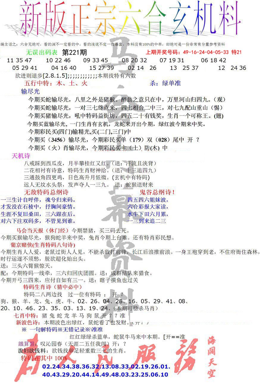2024221期正宗六合玄机料