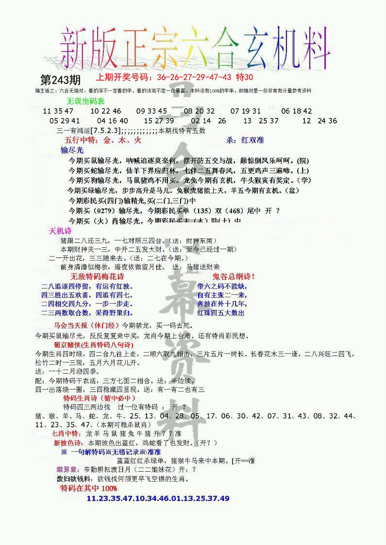 2024243期正宗六合玄机料