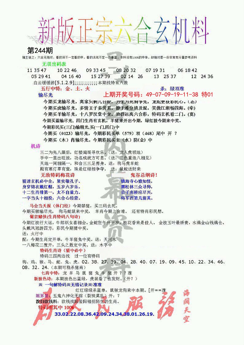 2024244期正宗六合玄机料