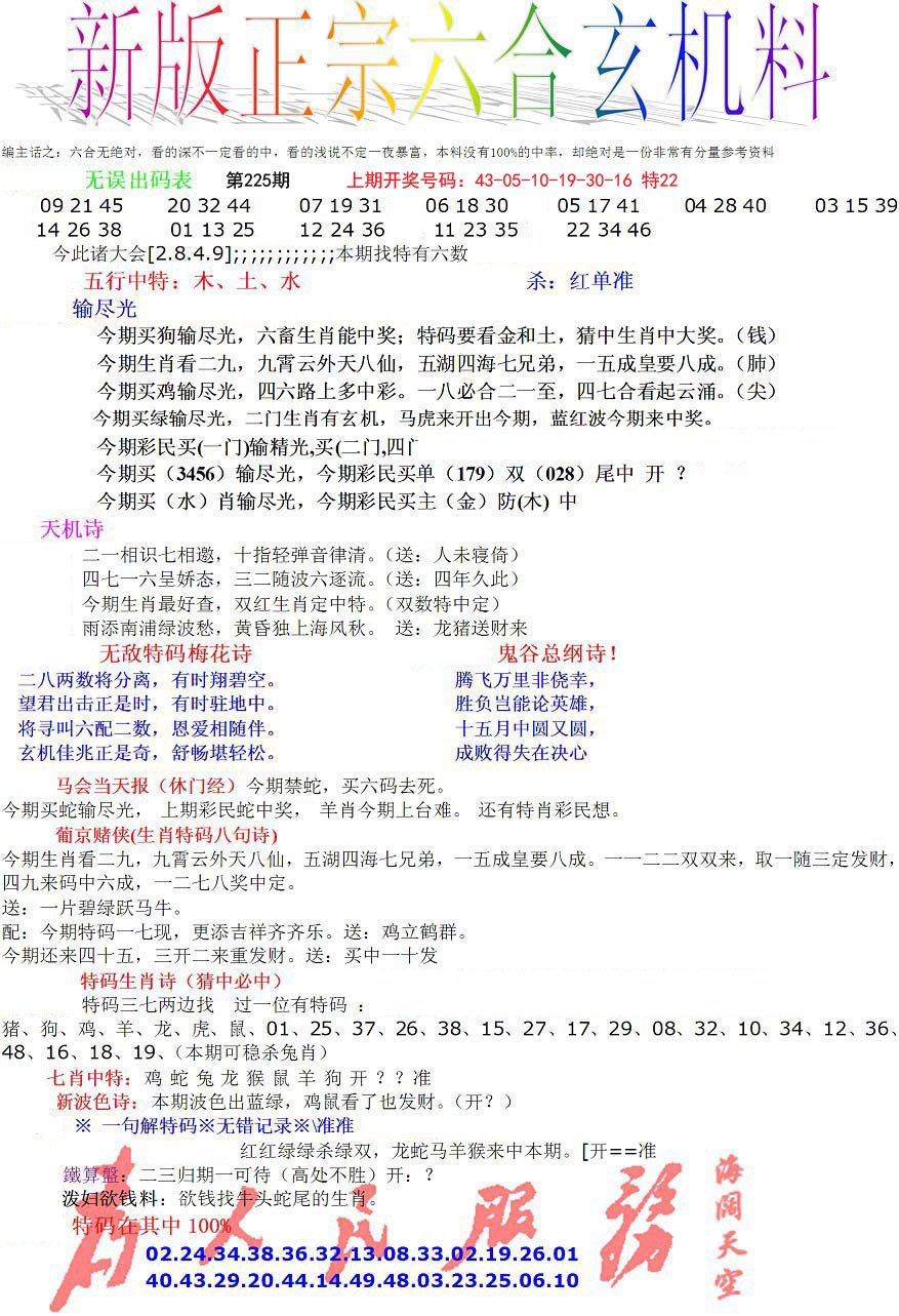 2024225期正宗六合玄机料