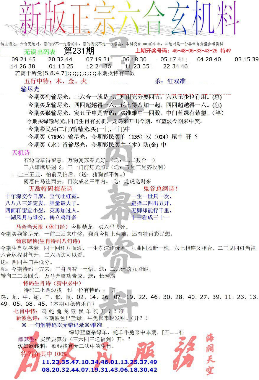 2024231期正宗六合玄机料