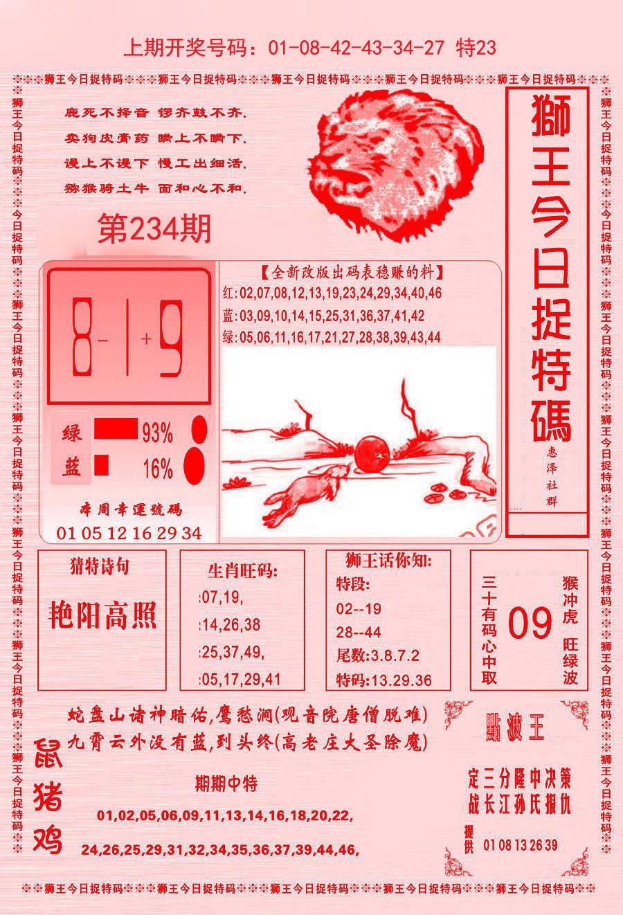 2024234期狮王今日抓特码