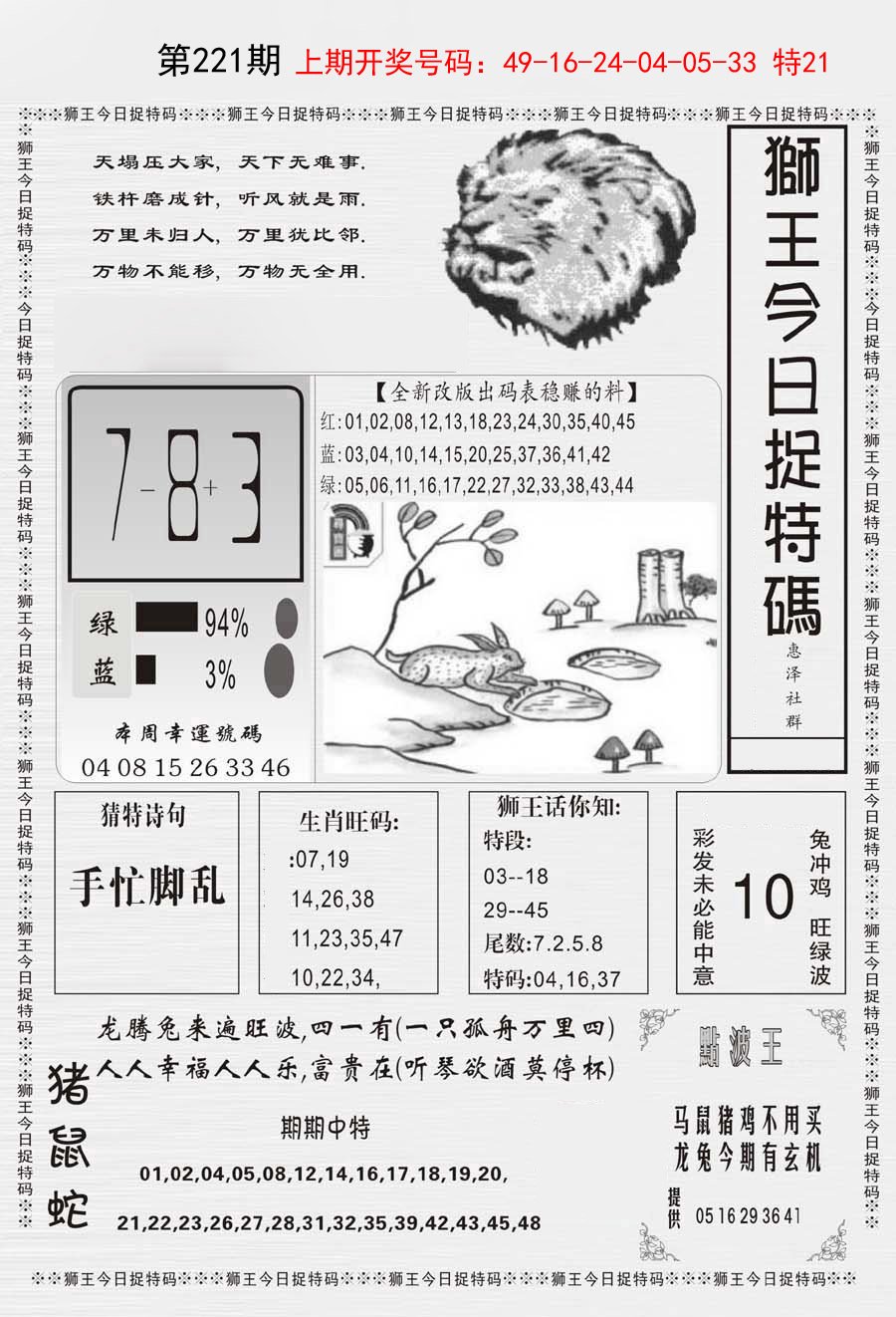 2024221期狮王今日抓特码