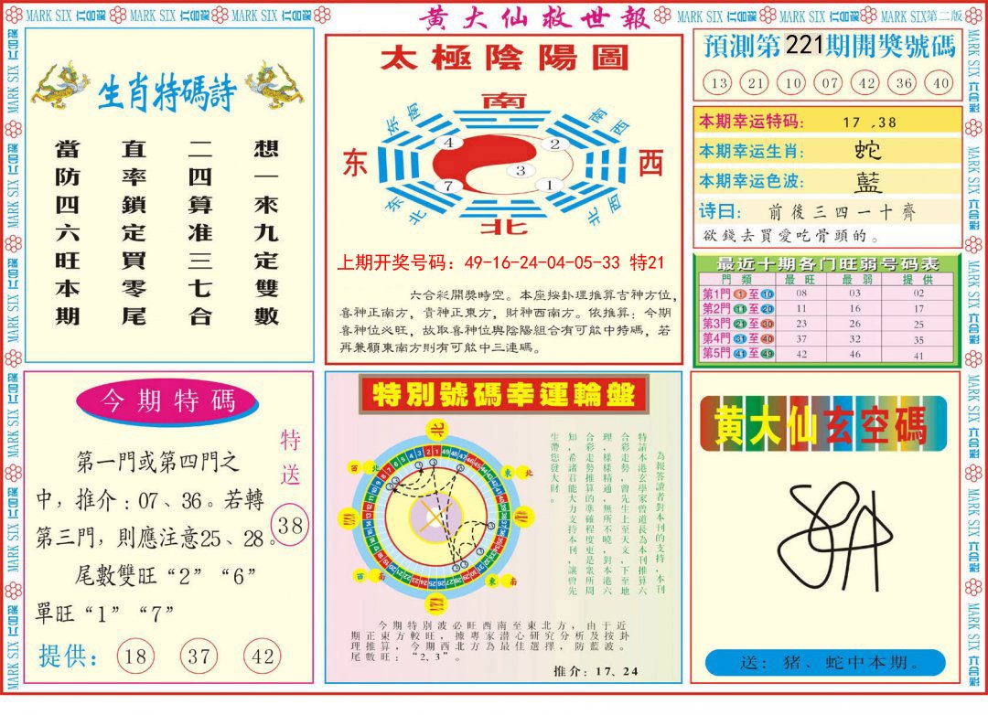 2024221期新黄大仙救世B