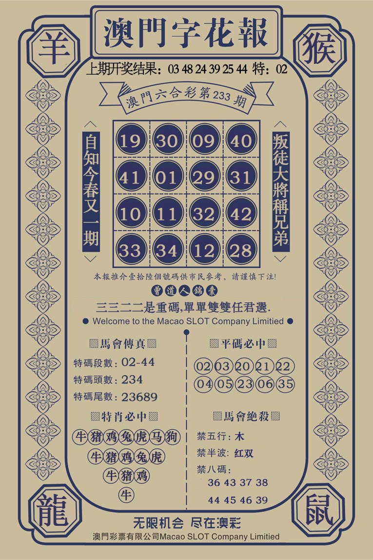 2024233期澳门字花报