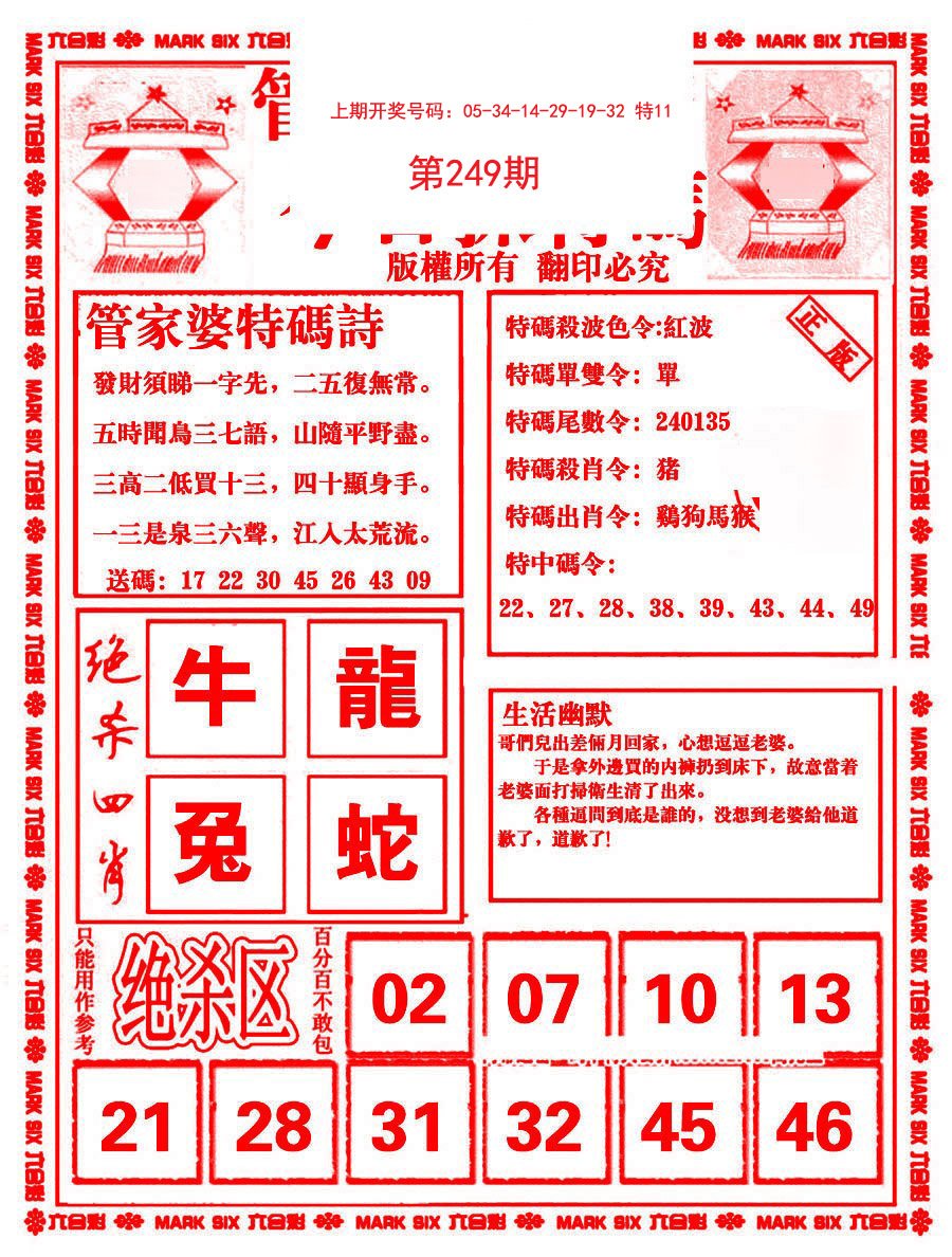 2024249期管家婆抓特码B