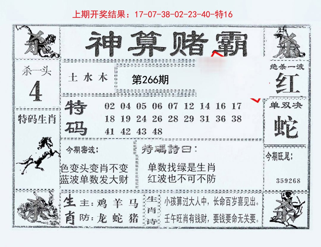 2024266期神算赌霸