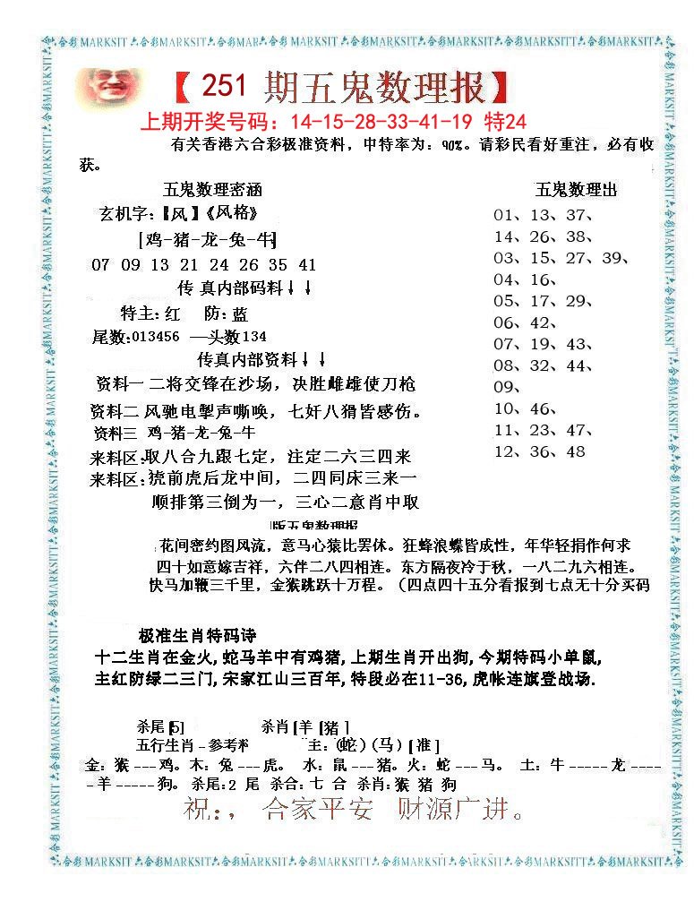 2024251期五鬼数理报