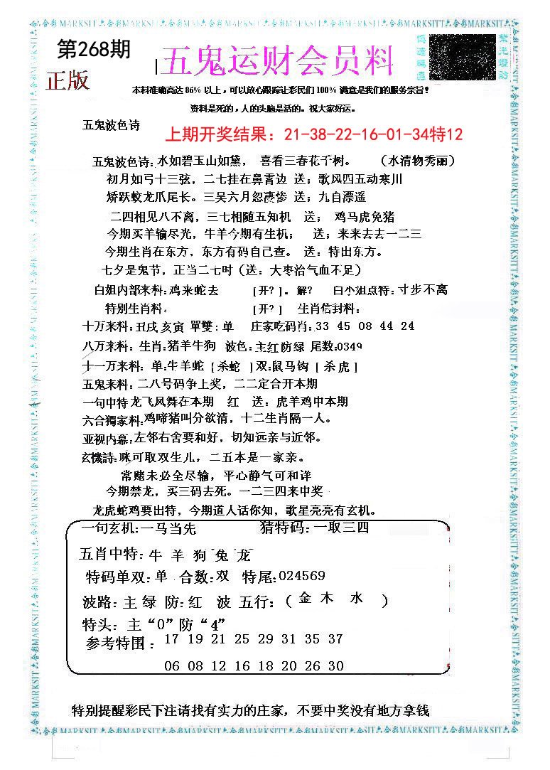 2024268期五鬼运财会员料
