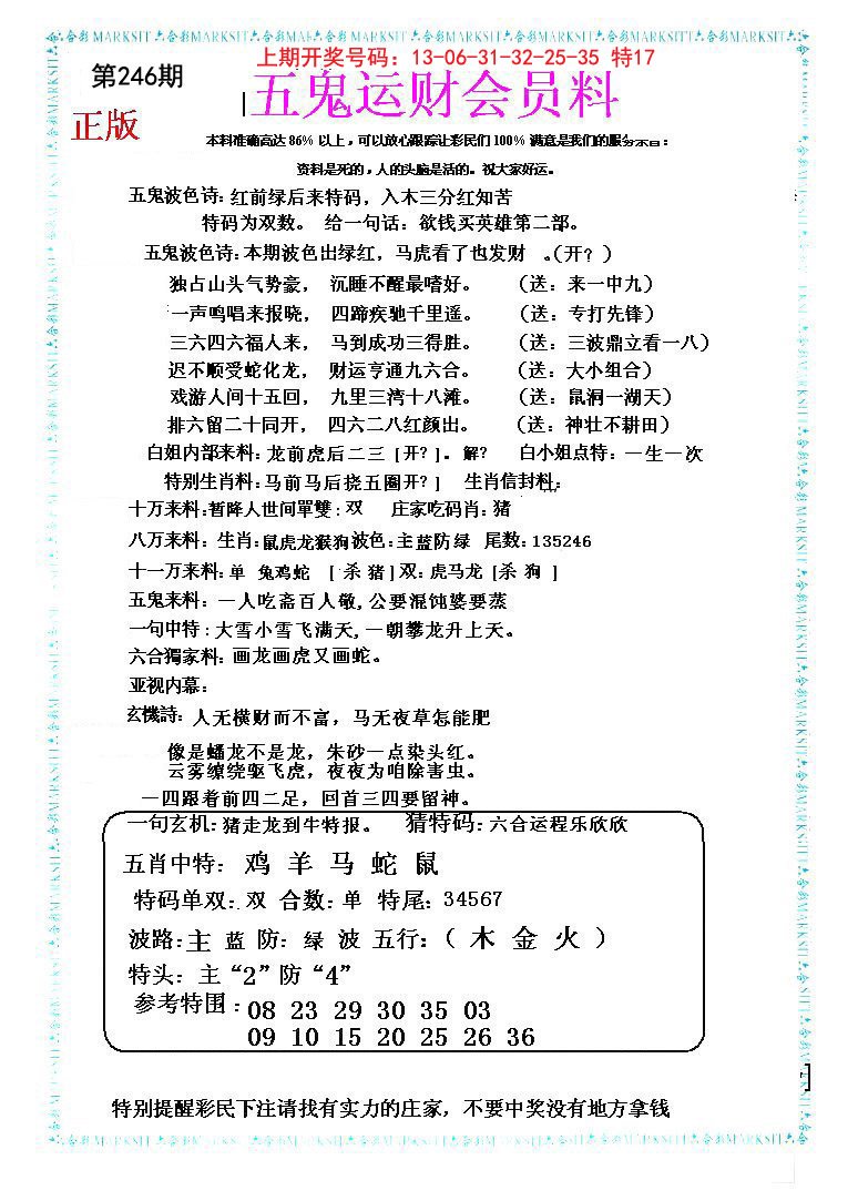 2024246期五鬼运财会员料