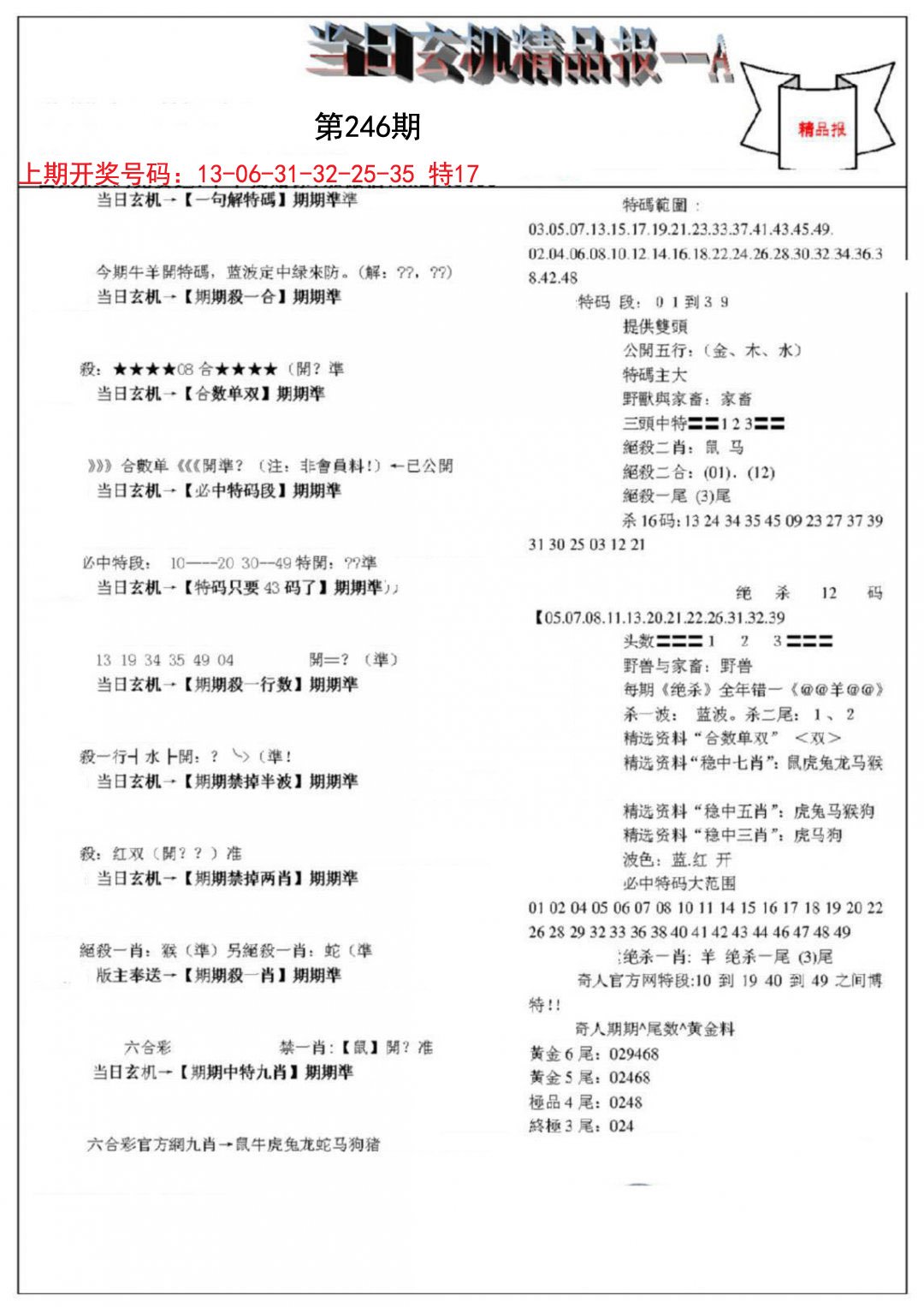 2024246期当日玄机精品报A