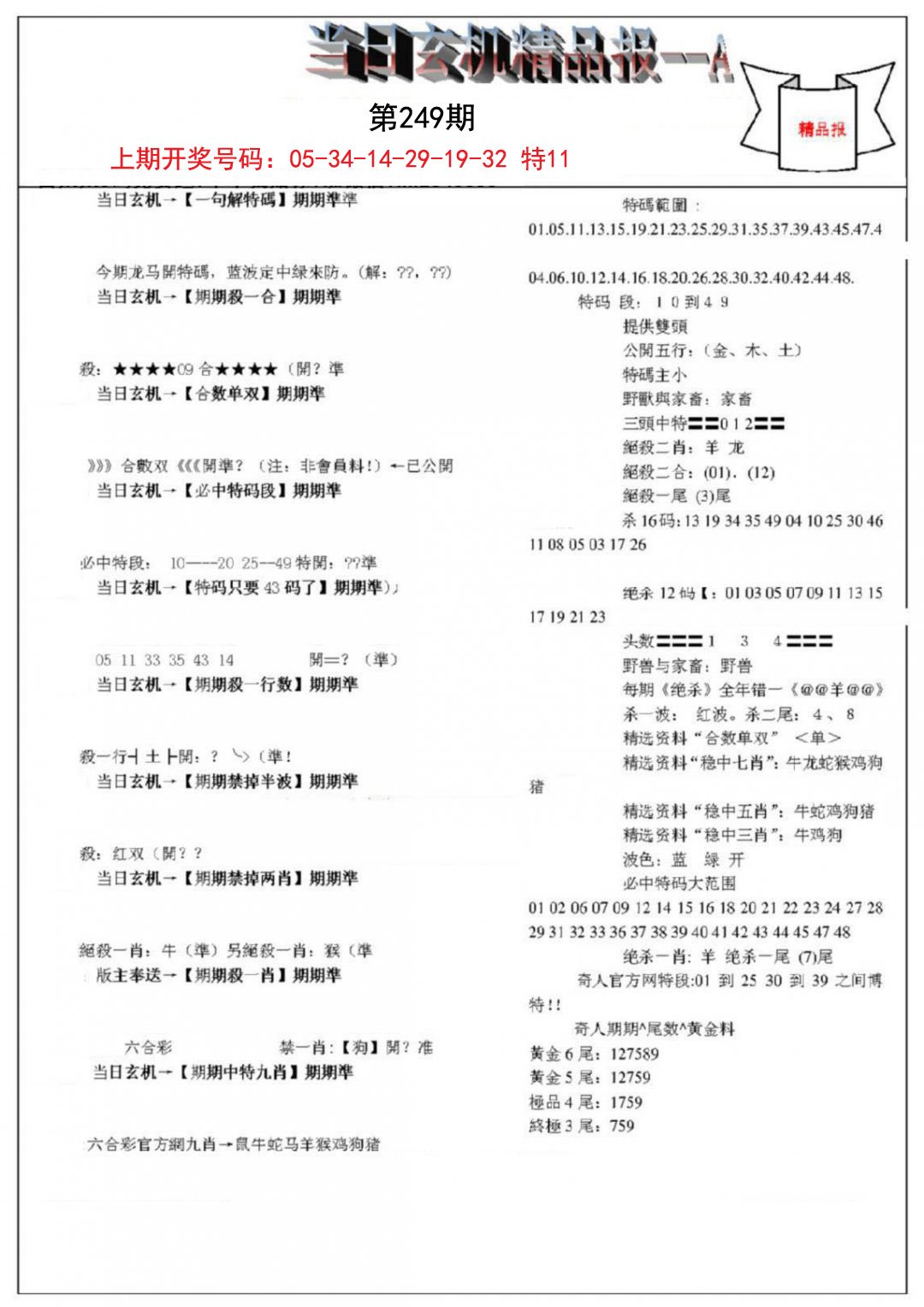2024249期当日玄机精品报A