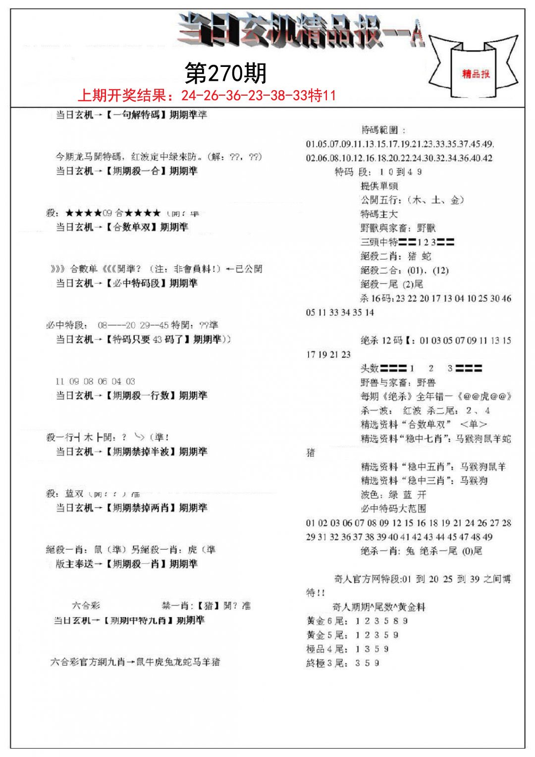 2024270期当日玄机精品报A