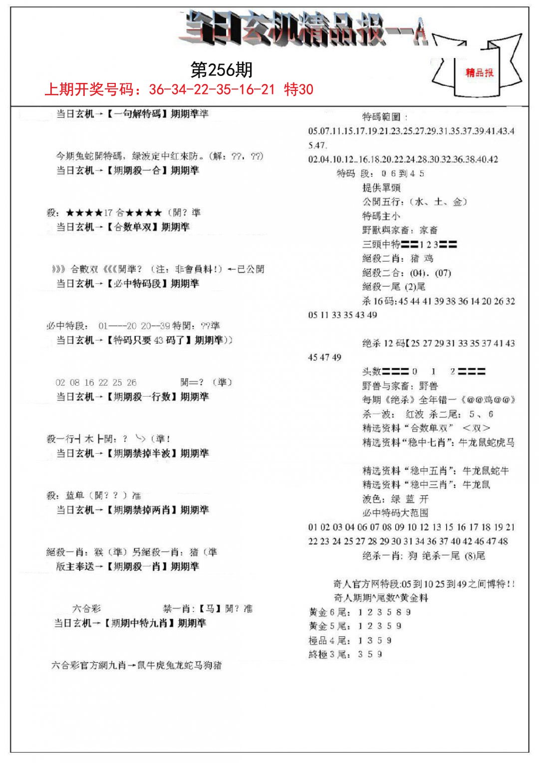 2024256期当日玄机精品报A